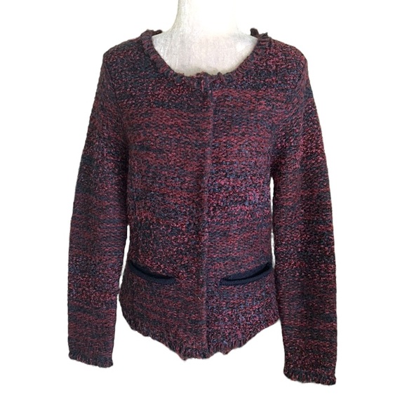 Anthropologie Curio Navy Blue & Maroon Purple Fringe  Cardigan Blazer - M - Picture 10 of 10